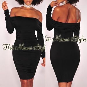 Hot Miami Styles Ruched Off the Shoulder Dress